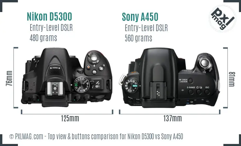 Nikon D5300 vs Sony A450 top view buttons comparison