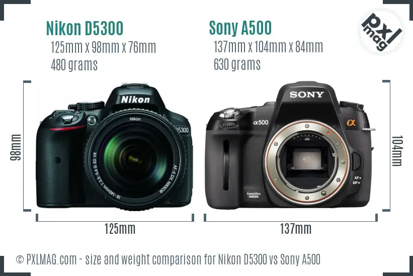 Nikon D5300 vs Sony A500 size comparison