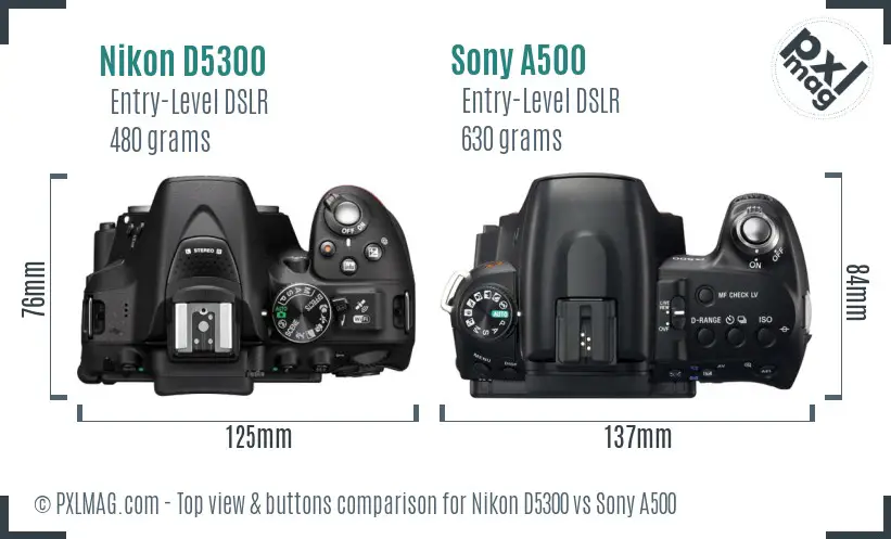 Nikon D5300 vs Sony A500 top view buttons comparison