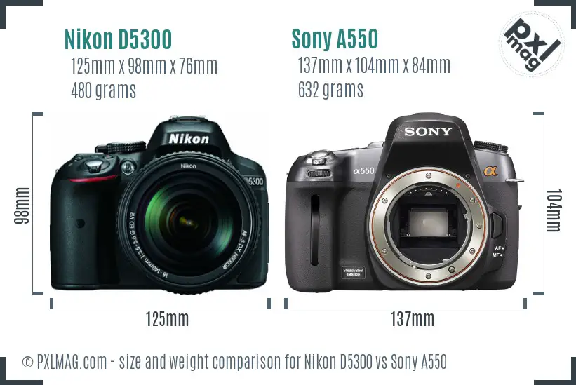 Nikon D5300 vs Sony A550 size comparison