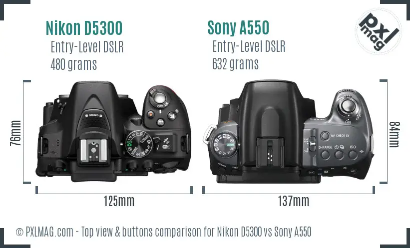 Nikon D5300 vs Sony A550 top view buttons comparison