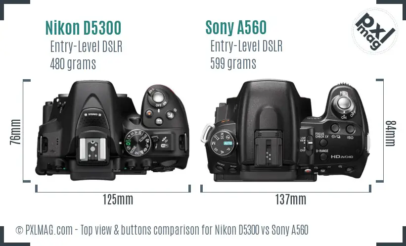 Nikon D5300 vs Sony A560 top view buttons comparison