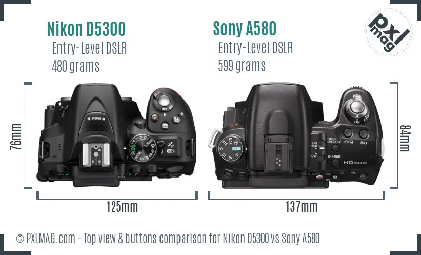 Nikon D5300 vs Sony A580 top view buttons comparison
