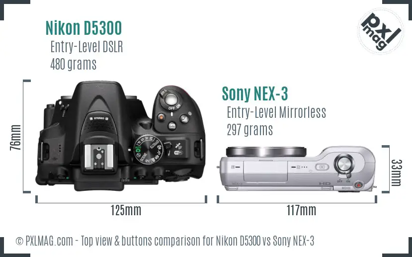 Nikon D5300 vs Sony NEX-3 top view buttons comparison Nikon D5300 vs Sony NEX-3 top view buttons comparison