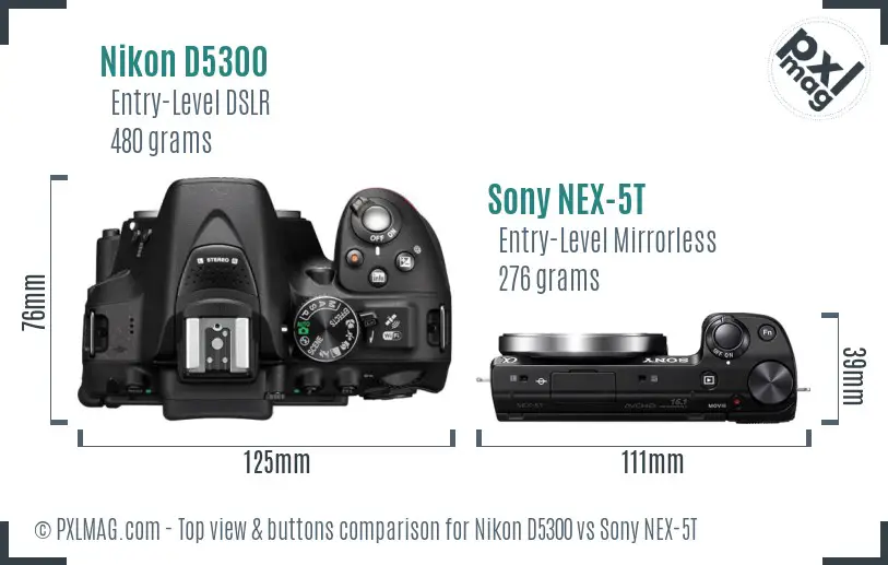 Nikon D5300 vs Sony NEX-5T top view buttons comparison Nikon D5300 vs Sony NEX-5T top view buttons comparison