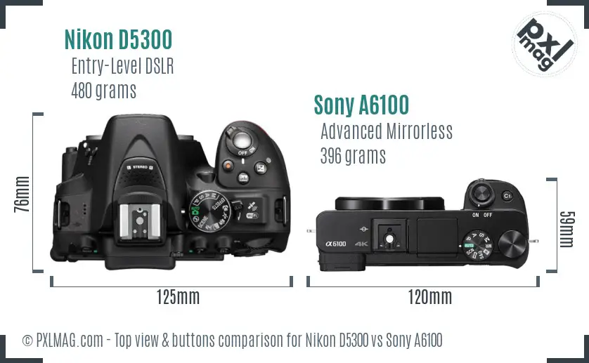 Nikon D5300 vs Sony A6100 top view buttons comparison Nikon D5300 vs Sony A6100 top view buttons comparison