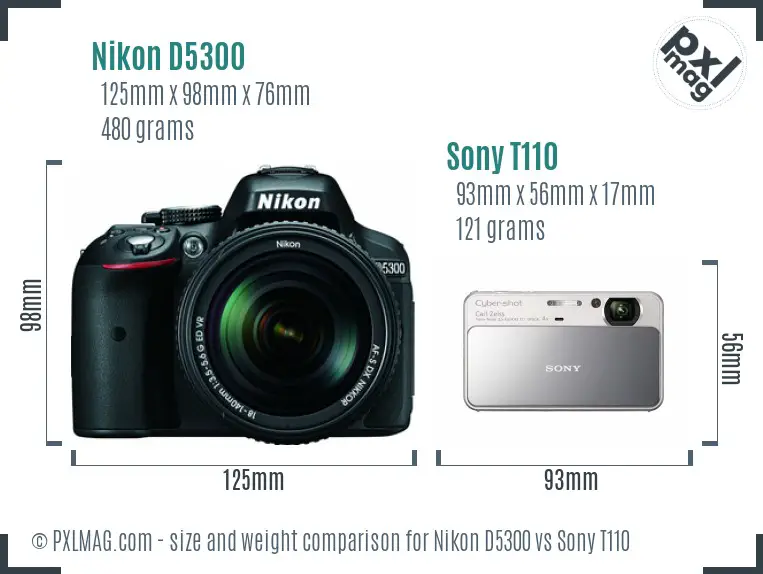 Nikon D5300 vs Sony T110 size comparison
