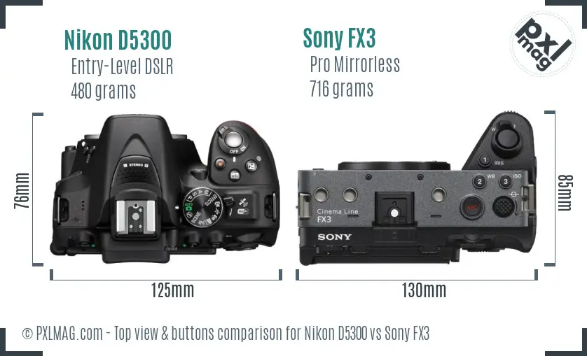 Nikon D5300 vs Sony FX3 top view buttons comparison Nikon D5300 vs Sony FX3 top view buttons comparison