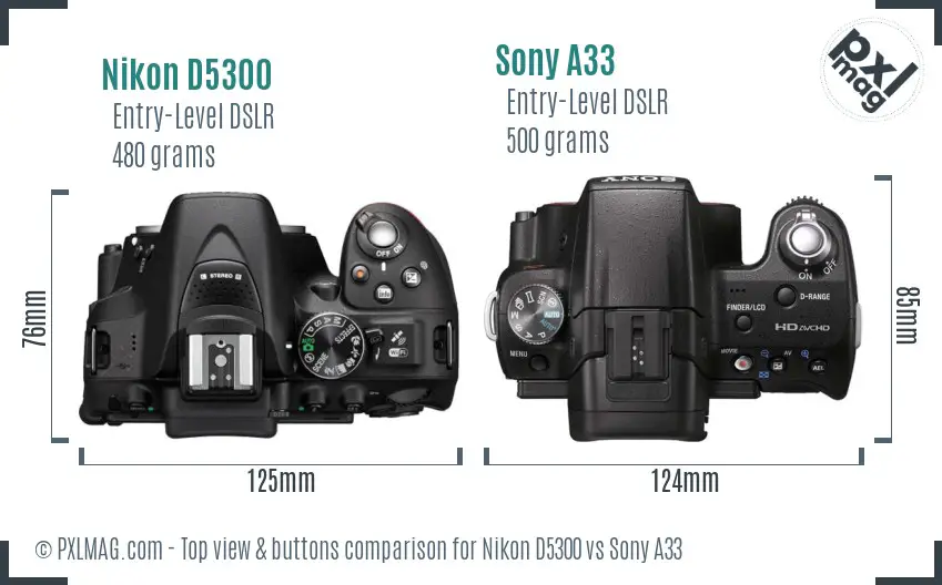 Nikon D5300 vs Sony A33 top view buttons comparison