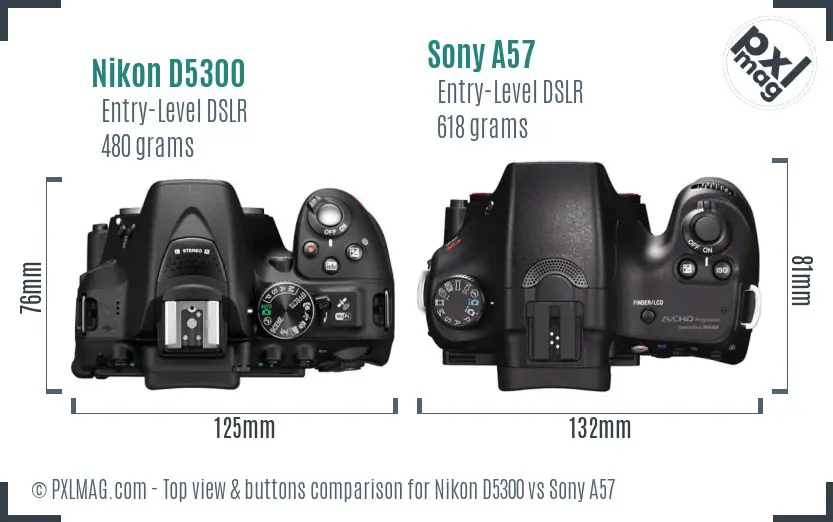 Nikon D5300 vs Sony A57 top view buttons comparison