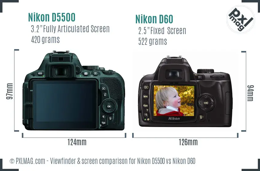 Nikon D5500 vs Nikon D60 Screen and Viewfinder comparison