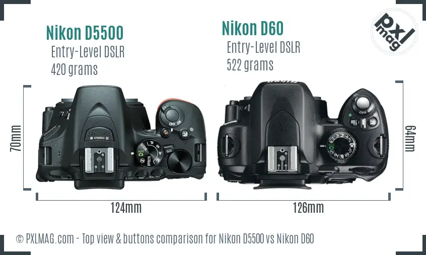 Nikon D5500 vs Nikon D60 top view buttons comparison