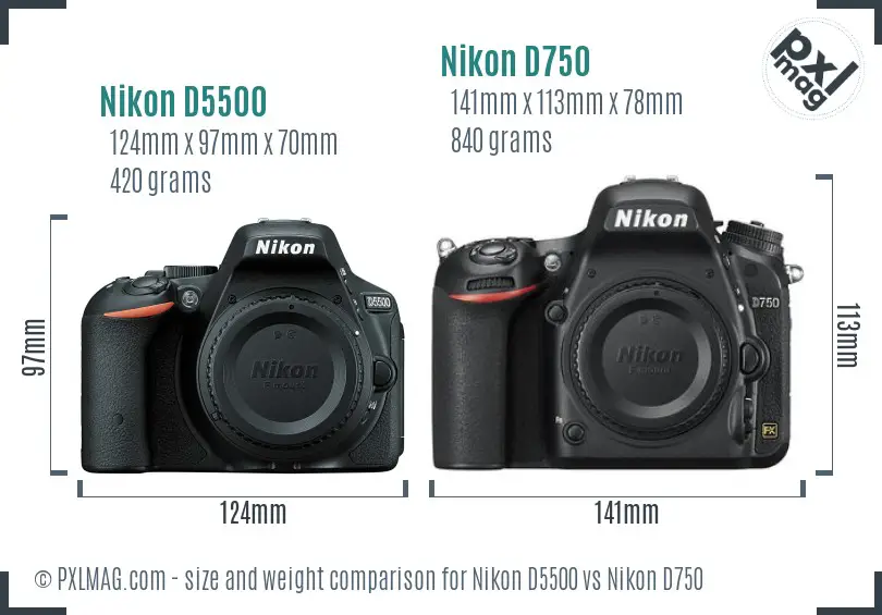 Nikon D5500 vs Nikon D750 size comparison