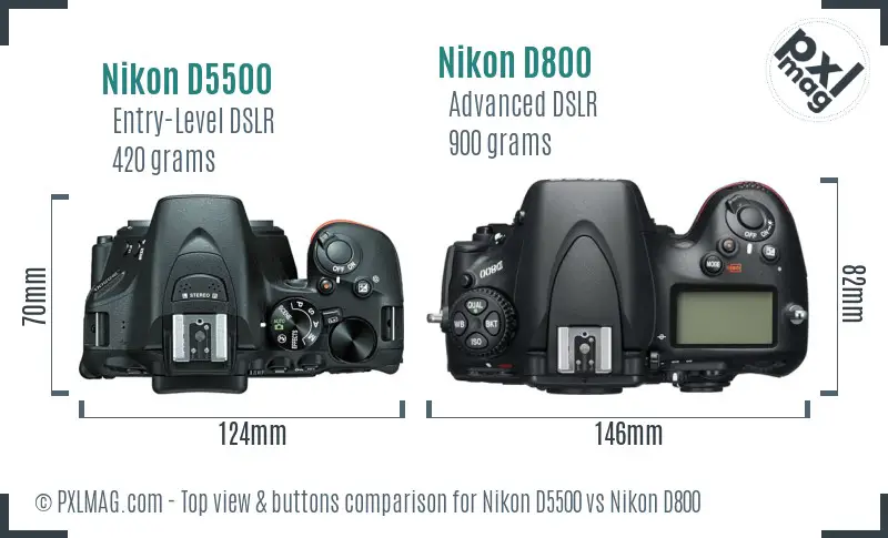 Nikon D5500 vs Nikon D800 top view buttons comparison