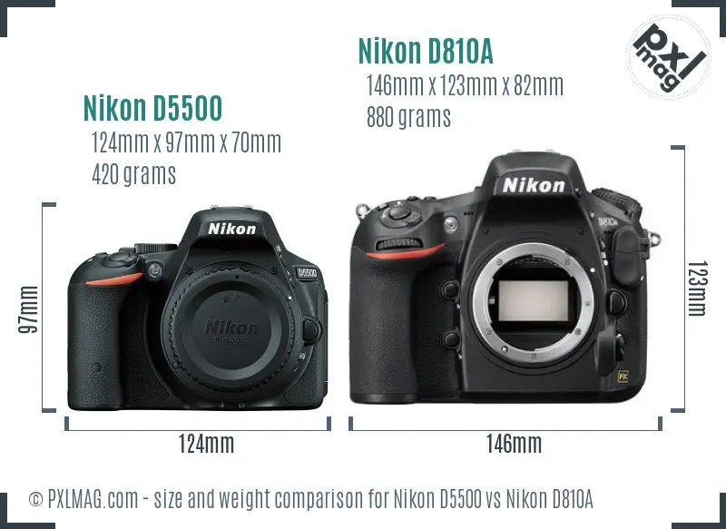 Nikon D5500 vs Nikon D810A size comparison