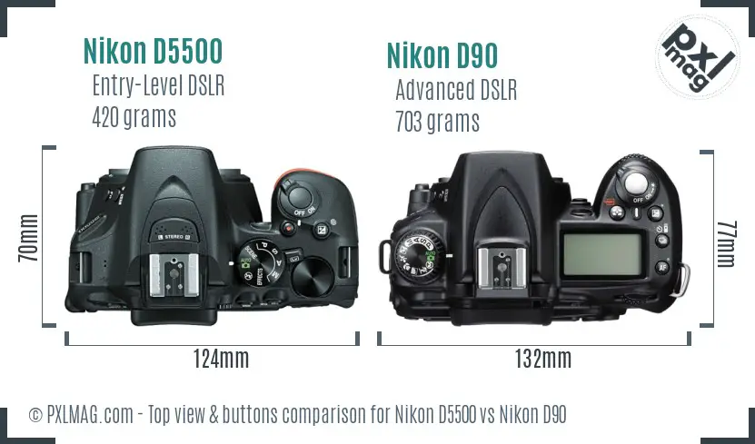 Nikon D5500 vs Nikon D90 top view buttons comparison Nikon D5500 vs Nikon D90 top view buttons comparison