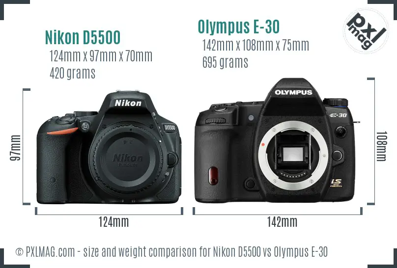 Nikon D5500 vs Olympus E-30 size comparison