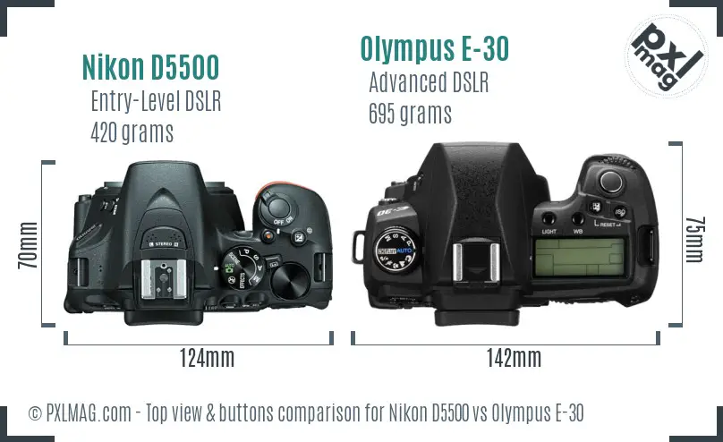 Nikon D5500 vs Olympus E-30 top view buttons comparison
