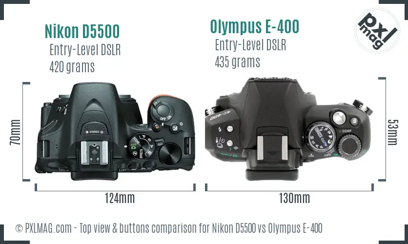 Nikon D5500 vs Olympus E-400 top view buttons comparison