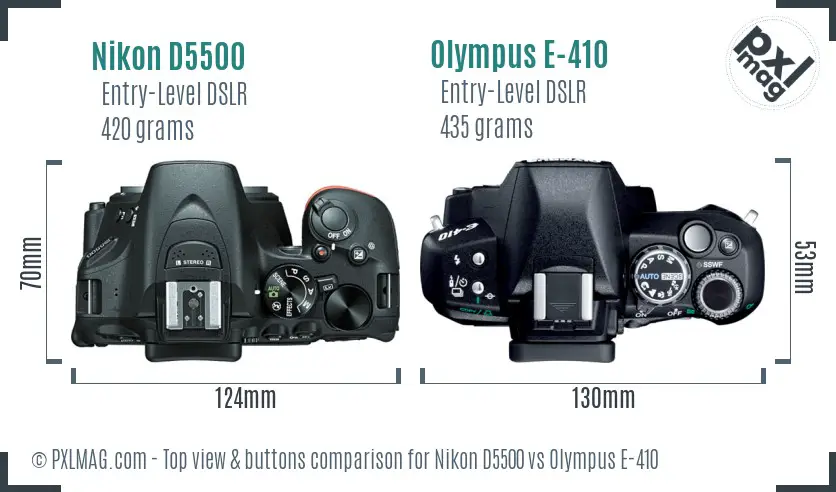 Nikon D5500 vs Olympus E-410 top view buttons comparison