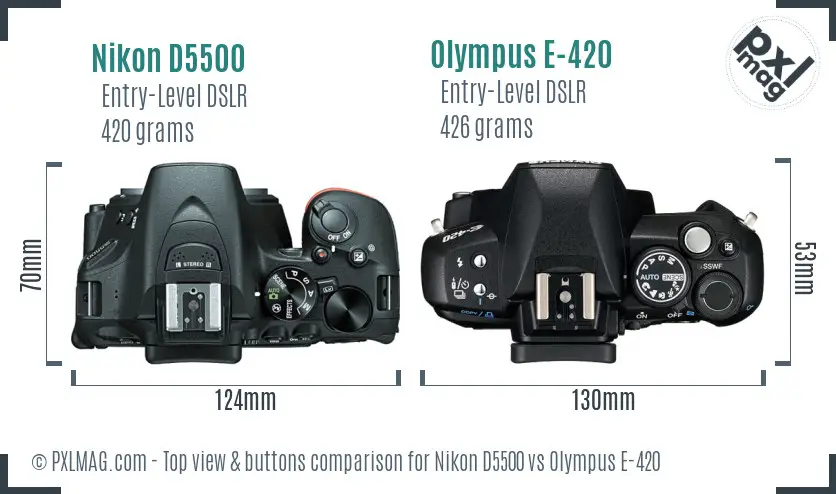 Nikon D5500 vs Olympus E-420 top view buttons comparison
