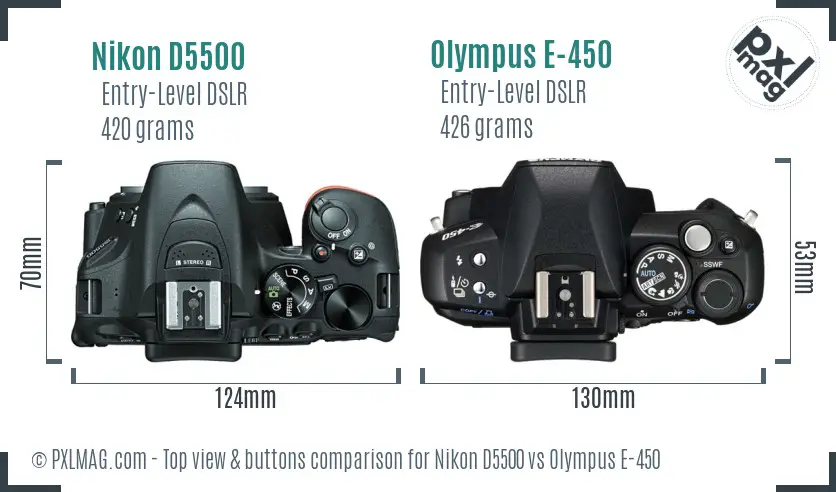 Nikon D5500 vs Olympus E-450 top view buttons comparison