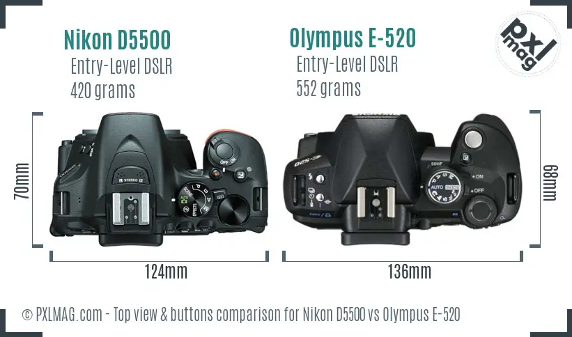 Nikon D5500 vs Olympus E-520 top view buttons comparison
