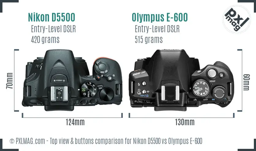 Nikon D5500 vs Olympus E-600 top view buttons comparison