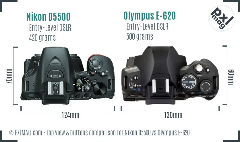Nikon D5500 vs Olympus E-620 top view buttons comparison