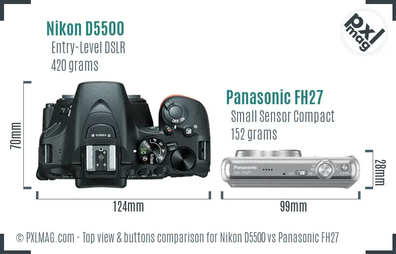 Nikon D5500 vs Panasonic FH27 top view buttons comparison