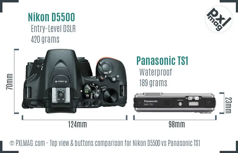 Nikon D5500 vs Panasonic TS1 top view buttons comparison
