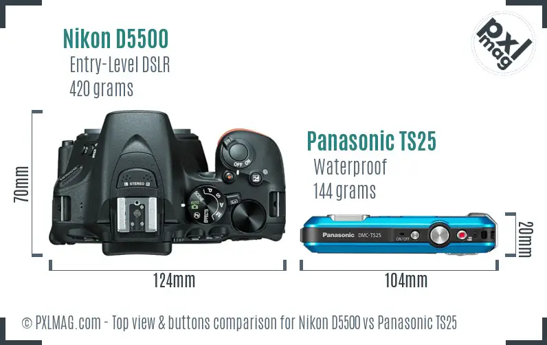 Nikon D5500 vs Panasonic TS25 top view buttons comparison