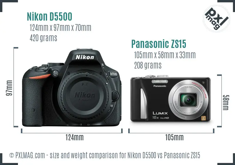 Nikon D5500 vs Panasonic ZS15 size comparison