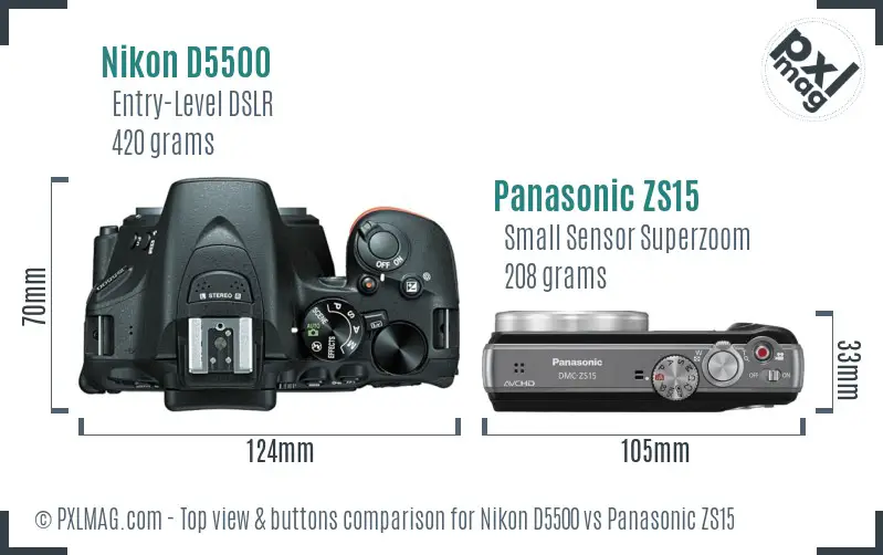 Nikon D5500 vs Panasonic ZS15 top view buttons comparison