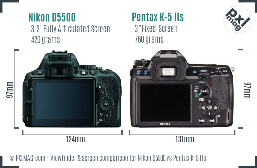 Nikon D5500 vs Pentax K-5 IIs Screen and Viewfinder comparison