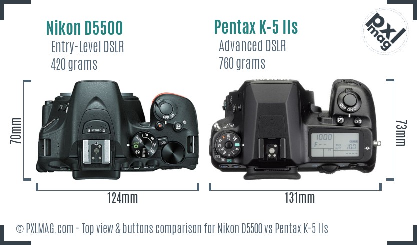 Nikon D5500 vs Pentax K-5 IIs top view buttons comparison