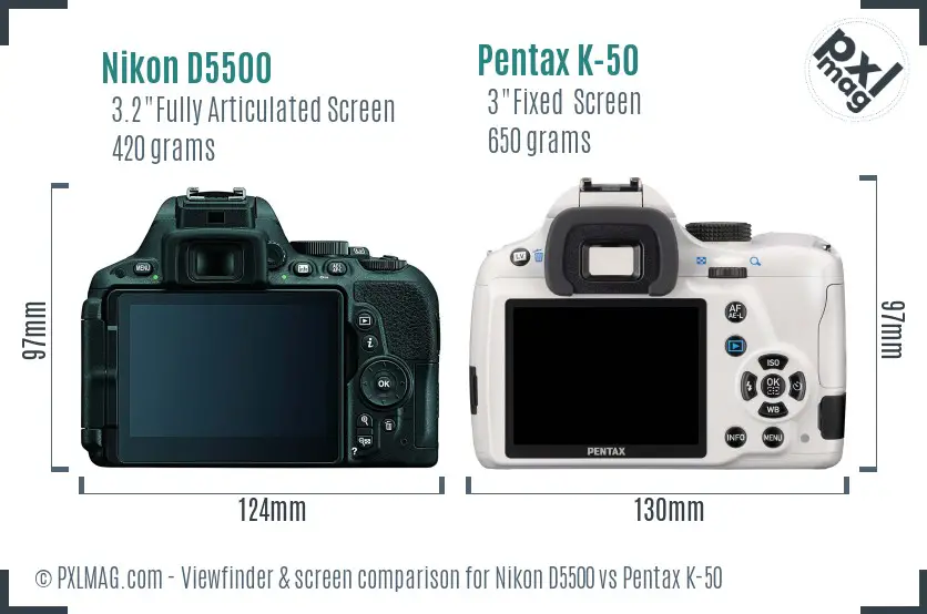 Nikon D5500 vs Pentax K-50 Screen and Viewfinder comparison