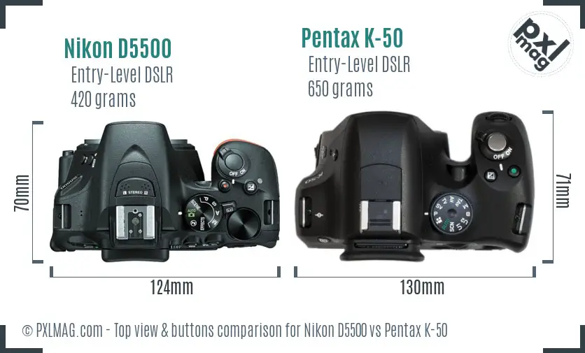 Nikon D5500 vs Pentax K-50 top view buttons comparison