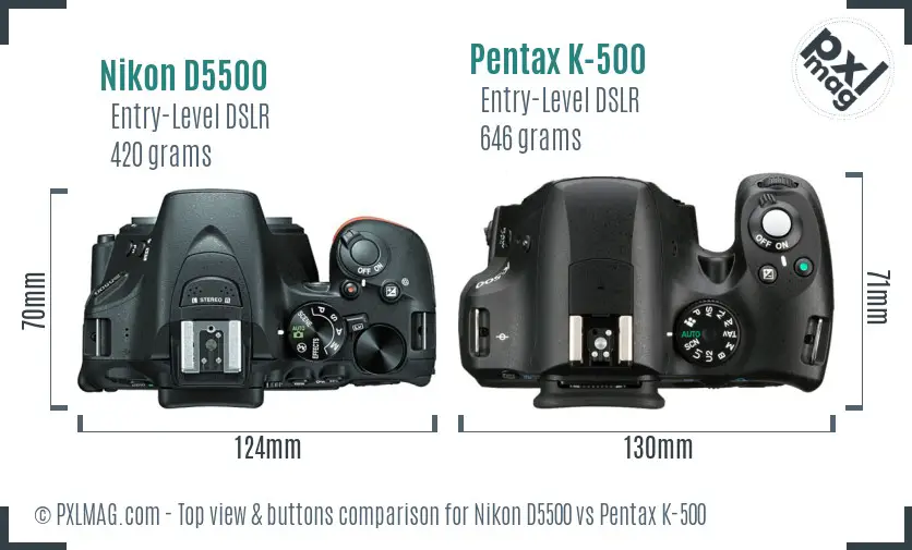 Nikon D5500 vs Pentax K-500 top view buttons comparison