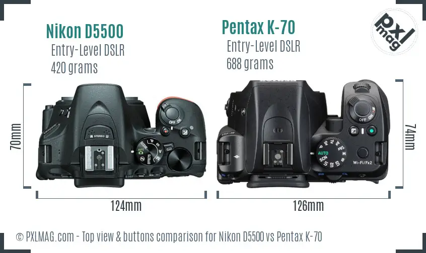Nikon D5500 vs Pentax K-70 top view buttons comparison