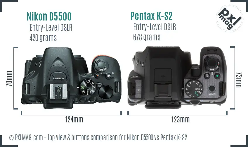 Nikon D5500 vs Pentax K-S2 top view buttons comparison