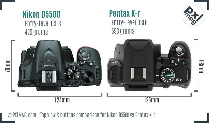 Nikon D5500 vs Pentax K-r top view buttons comparison