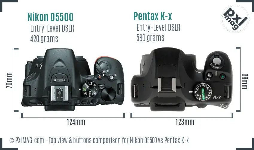 Nikon D5500 vs Pentax K-x top view buttons comparison