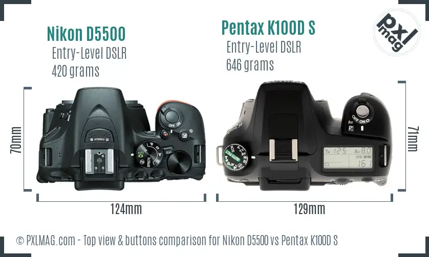 Nikon D5500 vs Pentax K100D S top view buttons comparison