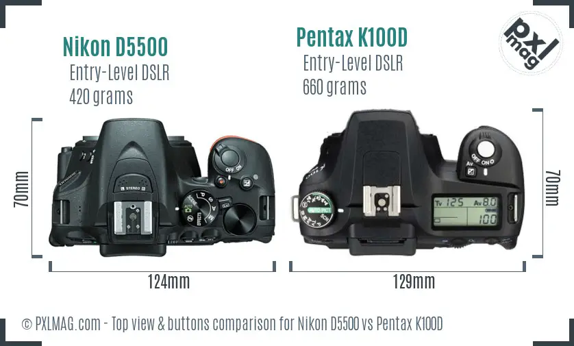 Nikon D5500 vs Pentax K100D top view buttons comparison