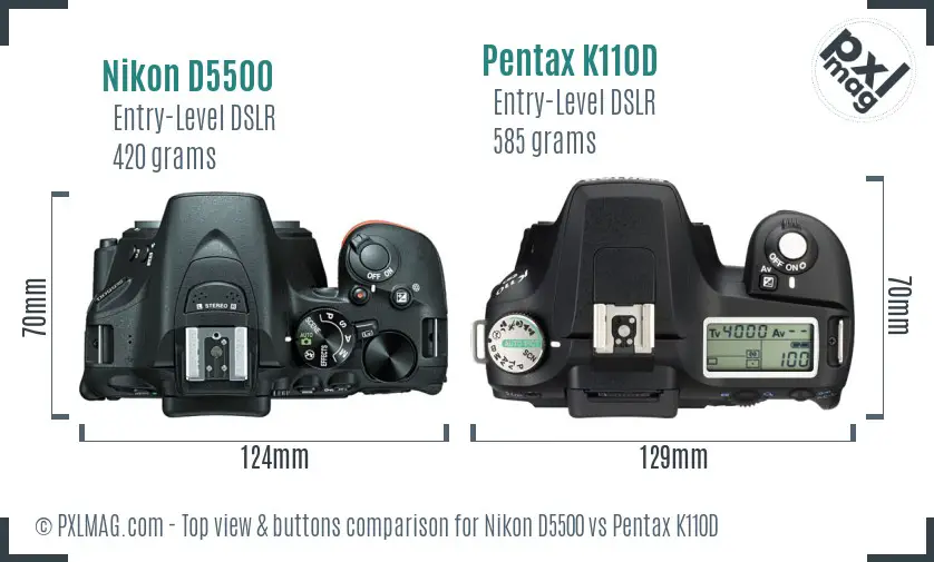 Nikon D5500 vs Pentax K110D top view buttons comparison