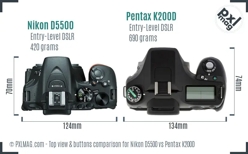 Nikon D5500 vs Pentax K200D top view buttons comparison