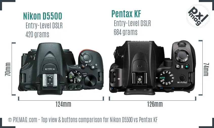 Nikon D5500 vs Pentax KF top view buttons comparison