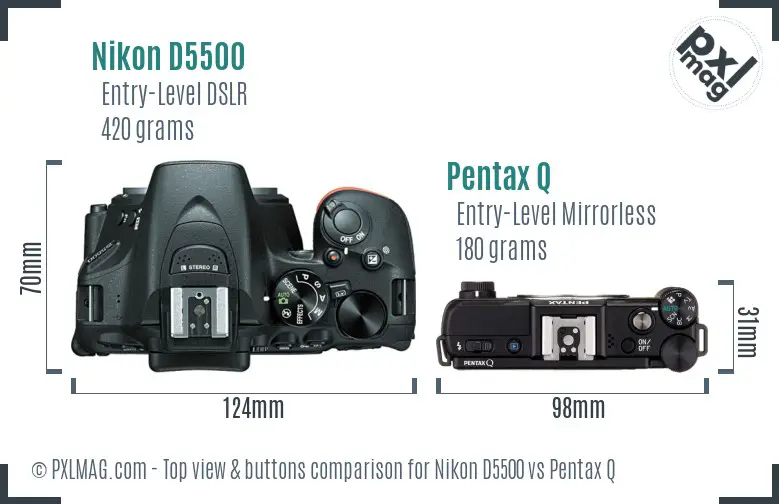 Nikon D5500 vs Pentax Q top view buttons comparison
