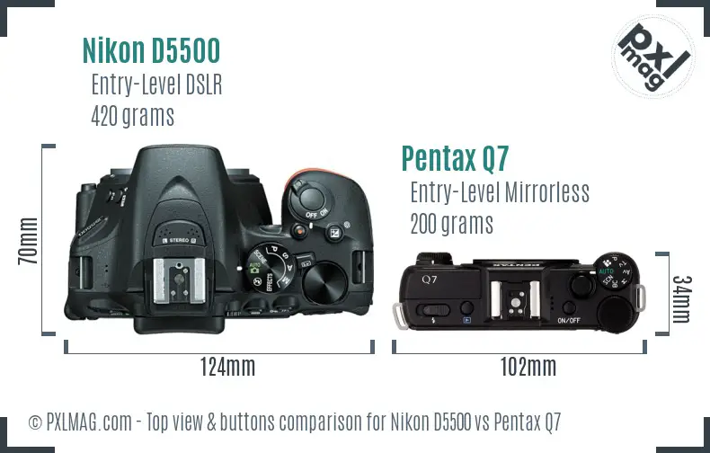 Nikon D5500 vs Pentax Q7 top view buttons comparison